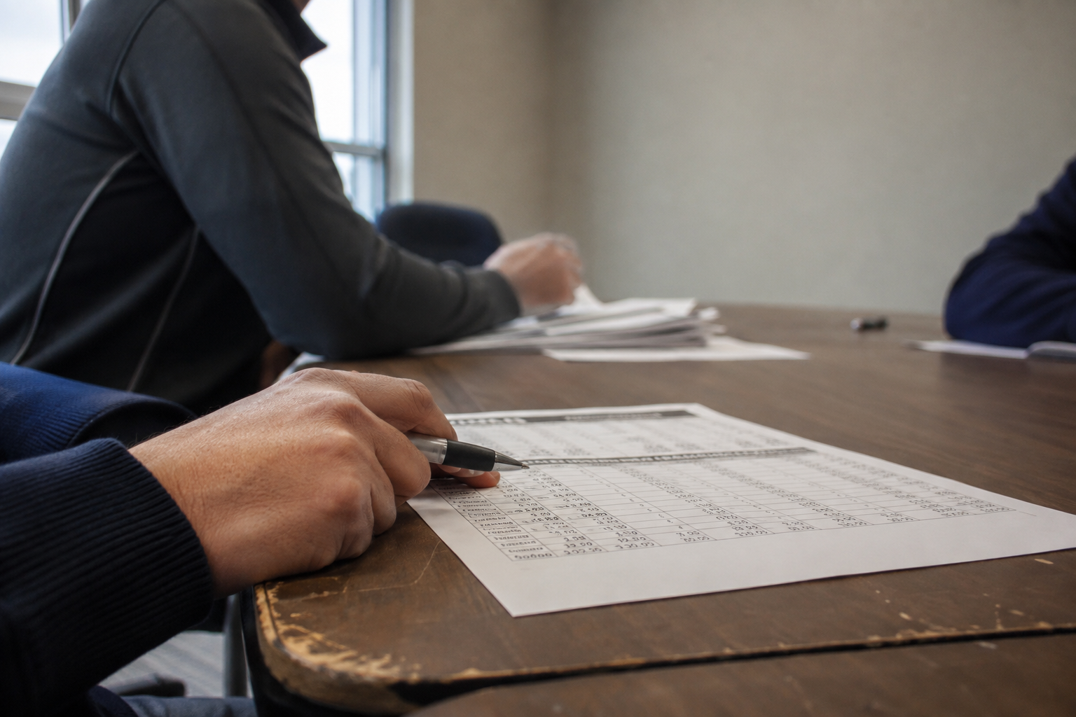 A hand holding a pen beside a printed table of figures during a meeting